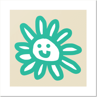 Cyan Daisy Flower Smiley Face Graphic Posters and Art